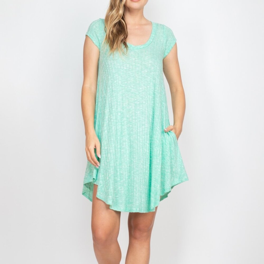 Lollipop Star Mint Ribbed Knit Pockets Crewneck Cap Sleeve Soft Summer Dress